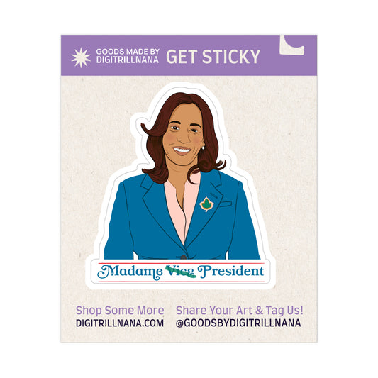 Show your resilient spirit with our Kamala Harris illustration sticker with the words ‘Madame Vice President’ in blue. Perfect for your laptops, water bottles, and more. High-quality vinyl, waterproof stickers.